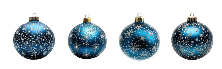 A collection of four sparkling blue christmas baubles with a frosted effect, isolated on transparent background