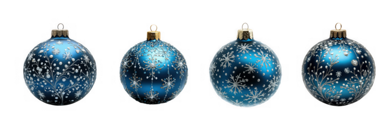 A collection of four sparkling blue christmas baubles with a frosted effect, isolated on transparent background