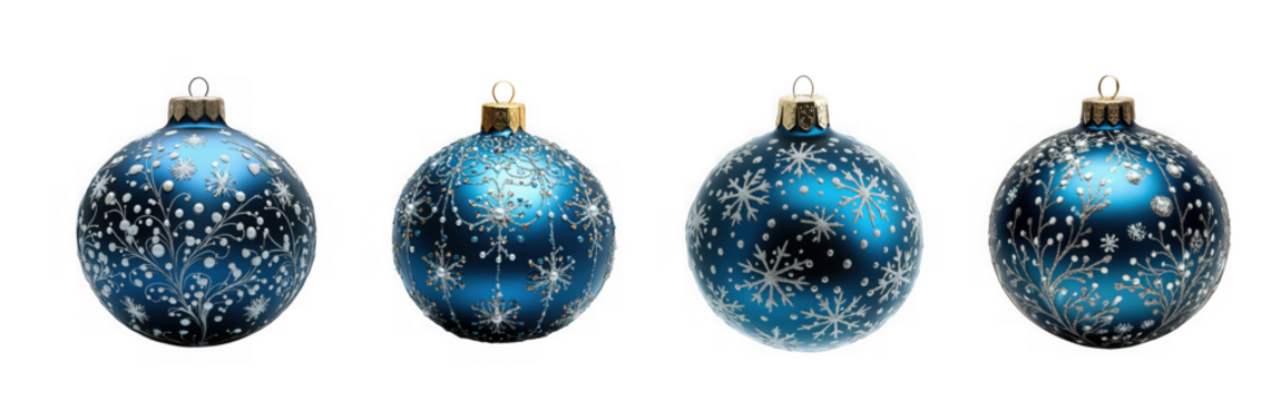 A collection of four sparkling blue christmas baubles with a frosted effect, isolated on transparent background