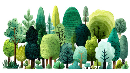 Lush forest illustration with diverse trees and leafy canopy in various green shades