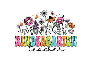 Kindergarten Teacher Floral Doodle Clipart, Colorful Wildflower PNG for Back to School Sublimation Design