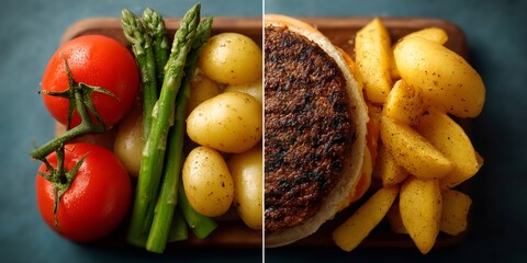 Healthy versus unhealthy food choice showing diet options