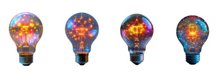 Four glowing light bulbs with colorful sparks inside isolated on transparent background