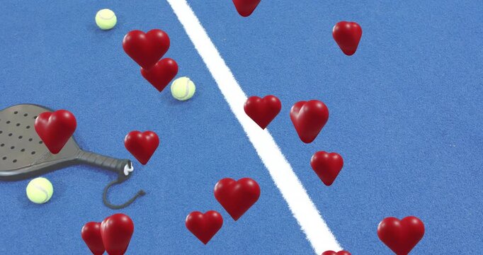 3D hearts materializing at top of court drifting down over padel racket and balls for decoration