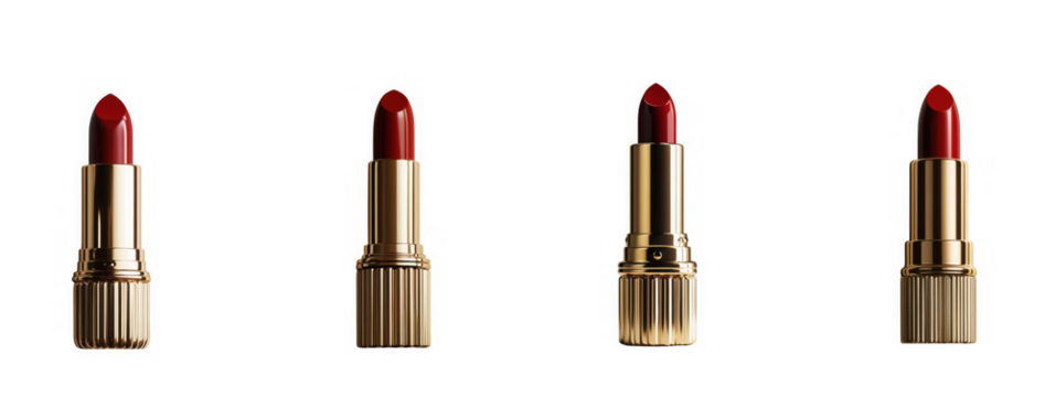 Four red lipsticks in gold cases isolated on transparent background