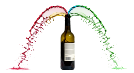 A wine bottle with vibrant red, yellow, and green liquid splashes, isolated on transparent background, representing a colorful celebration and the diversity of flavors in wine