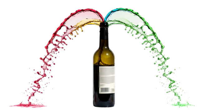 A wine bottle with vibrant red, yellow, and green liquid splashes, isolated on transparent background, representing a colorful celebration and the diversity of flavors in wine