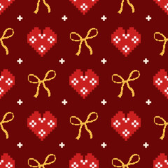 Festive Pixel Art Hearts and Gold Bows Seamless Pattern
