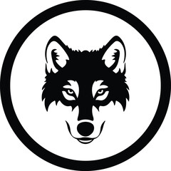 Vector wolf head within circle frame black and white silhouette illustration