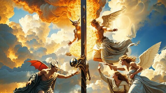 Powerful angel and a horned demon confront each other across a large, ornate sword, representing the eternal conflict between heavenly and hellish forces amidst dramatic clouds