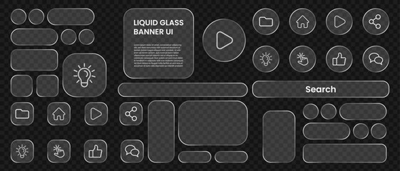 Transparent liquid glass user interface elements kit. Set of glass morphism style buttons, forms, and outlined icons. Modern UI design components.