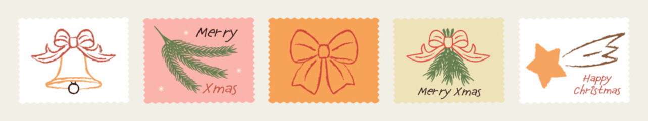 Hand-drawn vintage Christmas postage stamp set in a doodle crayon style: fir branches, ribbons, bows, a bell, a star. Perfect vector art for mail postmarks, stickers, postcards, and festive designs.