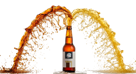 A bottle of beer isolated on transparent background with a splash of brown and yellow liquid coming out of it, creating an arch shape, perfect for advertising or promotional material