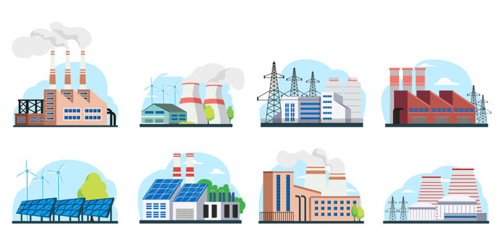 Set of different power stations including solar, nuclear, and thermal in flat style on white background. Concept of energy production. Vector illustration