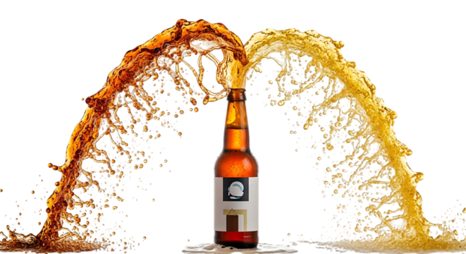 A bottle of beer isolated on transparent background with a splash of brown and yellow liquid coming out of it, creating an arch shape, perfect for advertising or promotional material