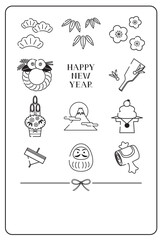 シンプルな正月アイテムの白黒イラスト年賀状 / vector eps