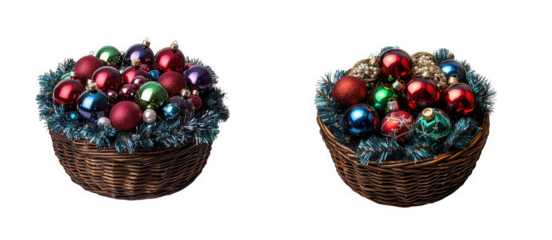 Two woven baskets filled with colorful christmas ornaments and tinsel, isolated on transparent background