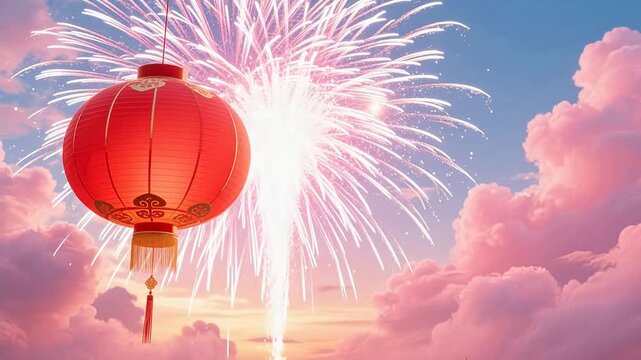 Red lantern and fireworks in sky
