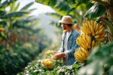 Banana bunch being cut down from tree.