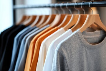 Fototapeta premium Colorful shirts hanging on hangers.