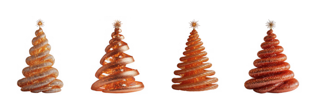 Four glittery spiral christmas tree candles in varying shades of orange and red, isolated on transparent background
