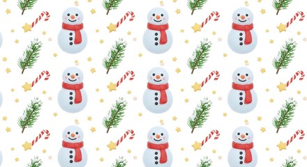 Seamless 3d cartoon snowmen pattern with red scarves, candy canes, pine branches and tiny stars on a clean white playful holiday background