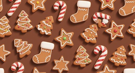 Seamless 3d cartoon gingerbread cookie pattern with stars, trees, stockings and candy canes, warm frosted details and cozy festive charm