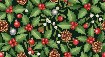 Seamless 3D hand-drawn holly leaves, mistletoe berries, pine cones and ornaments in festive green-red palette with soft watercolor texture, tileable