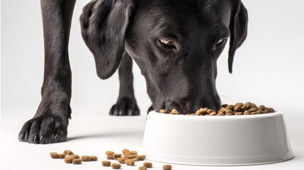 A black Labrador retriever eating from a white bowl filled with dog food. The dog is focused on the food, with kibble scattered around the bowl.