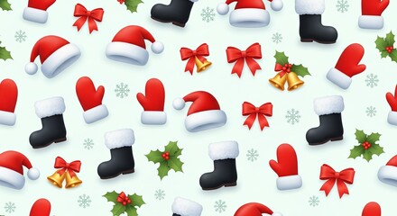 Seamless 3d santa hats, gloves, boots, bells and ribbon bows with tiny snowflakes in a vibrant festive tileable pattern on pastel background