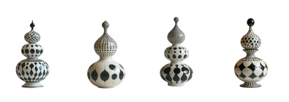 Four decorative ceramic vases with intricate black and white patterns, isolated on transparent background