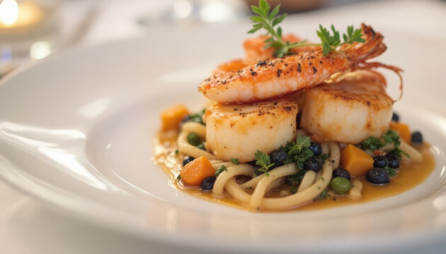 Seared scallops and shrimp served over noodles with colorful vegetables and a rich sauce.