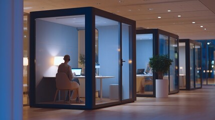 Modern open plan office featuring modular glass workspaces with individuals engaged in productive activities, showcasing a contemporary and collaborative work environment