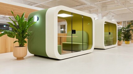 Modern open plan office featuring modular glass workspaces, vibrant green accents, and stylish seating areas, creating an innovative and collaborative environment with copy space