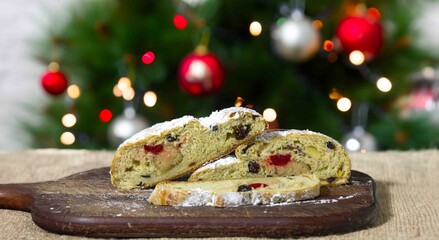 Traditional German Christmas Stollen Slices with Marzipan and Dried Fruits