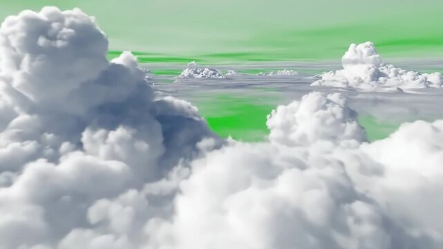 Abstract Cloudscapes VFX with fly into the green screen cloud effect of flying multi layered clouds distortion, overlay, glitch, static noise, scan lines on black background, 4k animated video loop