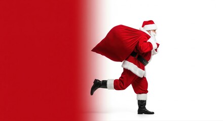 Santa Claus Running with Oversized Gift Sack on Red and White Background
