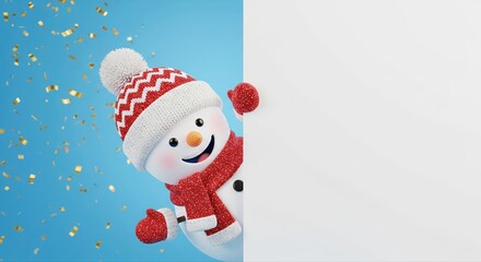 Cute Snowman Character Peeking Out Holding Blank Sign Banner
