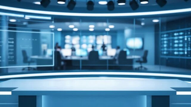Virtual Set Design with tv studio news room background blue newsroom bakground control backdrop for any green screen or chroma key video production blurred of at station loop 3d rendering distortion