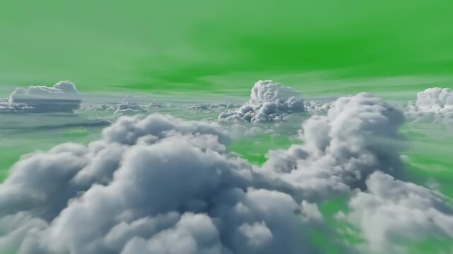 Fantasy & Sci-Fi with fly into the green screen cloud effect of flying multi layered clouds distortion, overlay, glitch, static noise, scan lines on black background, 4k animated video loop