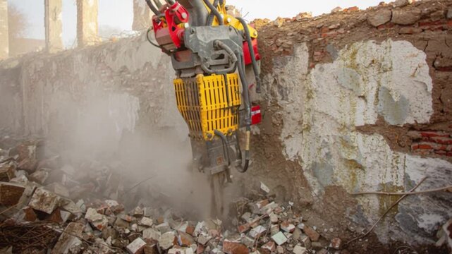 Construction worker using jackhammer for wall demolition inside building. Heavy machinery concrete breaking, renovation and reconstruction process, industrial power tool operation, interior structural