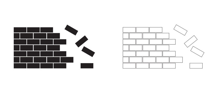 simple under construction icon, vector flat design unsafe building break down brick wall with falling bricks broken. simple square strong brick wall pieces icon, building structure pattern flat vector