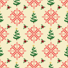 Seamless Pixel Art Christmas Pattern with Trees, Snowflakes, and Holly