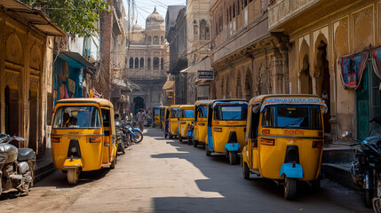 Bright and vibrant autorickshaws lined up in narrow Indian street — perfect for travel, culture, and tourism themes.