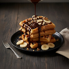 Homemade waffles with chocolate sauce and banana slices