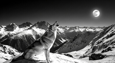 Black and white wolf howling at moon on snowy mountain peak, majestic night wildlife scene, alpha predator in habitat