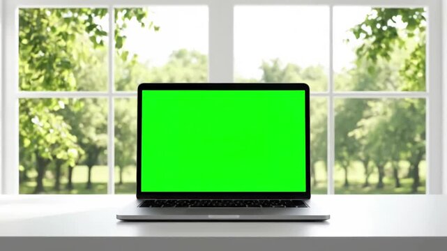 Modern Workspace Aesthetic with laptop blank green screen static footage trees swaying or moving in the wind home interior loft office background 4k 24fps uhd loop video distortion, overlay, glitch