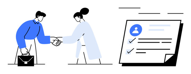 Businesspeople shaking hands near a profile checklist. Ideal for business, partnership, recruitment, agreement, teamwork, negotiation, success. Simple flat metaphor