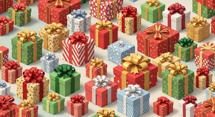 Seamless 3D isometric wrapped gift boxes with ribbons and bows in colorful holiday patterns on a pastel background, playful tileable festive design