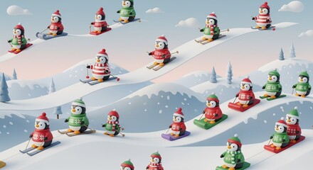 Seamless 3D toy-style penguins in Christmas sweaters skiing and sledding on a soft pastel winter background, playful clean tile for holiday designs
